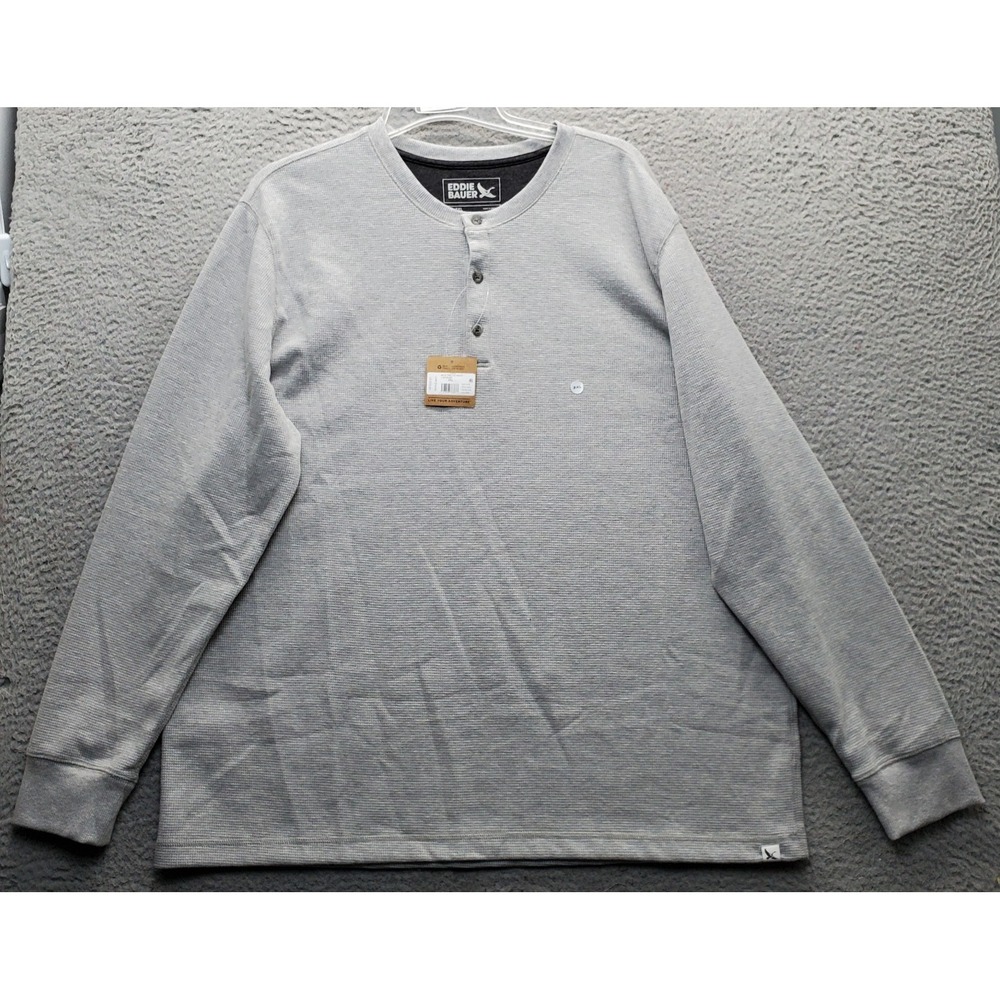 Eddie Bauer Thermal Henley Shirt Mens Size 2XL Gray Long Sleeve Button Placket